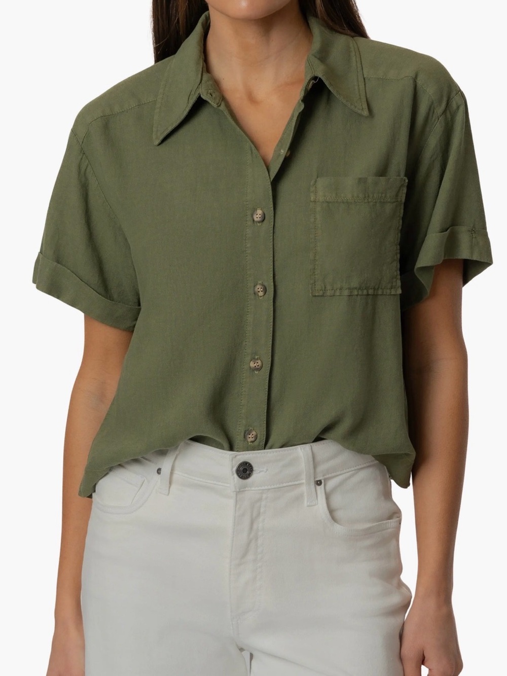 Kut from the Kloth linen blend Olive Button-Front Women's Shirt